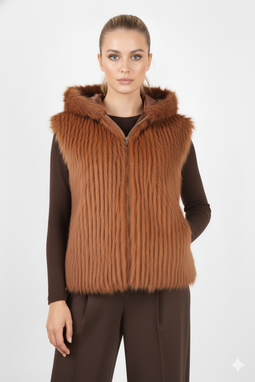ETICI Women's Brown Fur Vest – Modern and Warm Layer for Elegant Looks