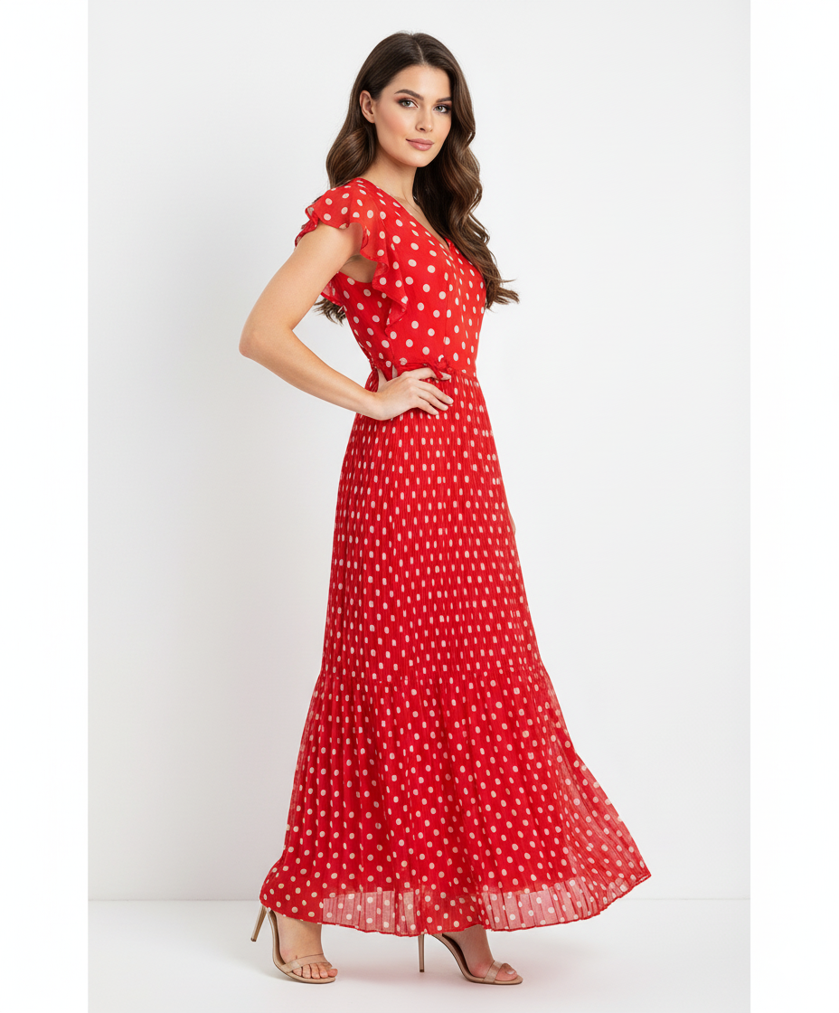Giulia Valli Long Red Polka Dot Dress with Ruffles