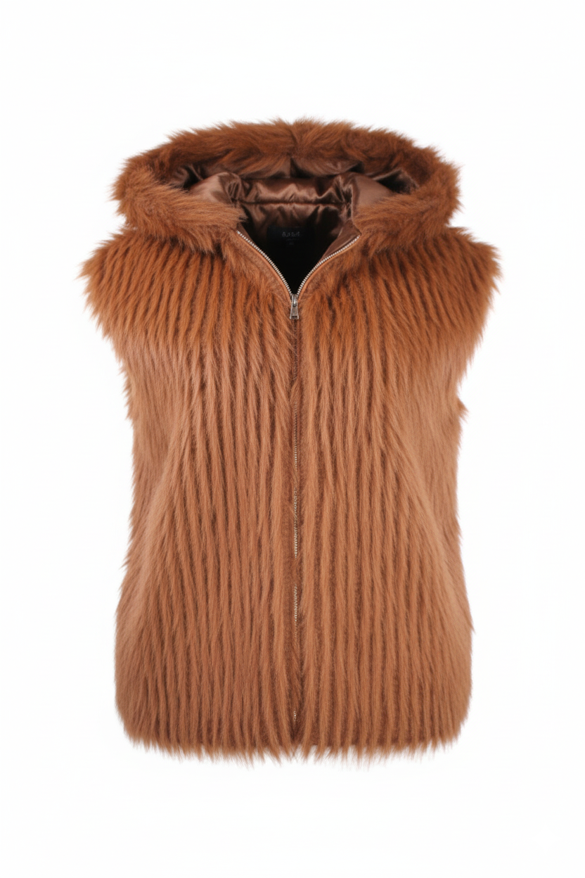 ETICI Women's Brown Fur Vest – Modern and Warm Layer for Elegant Looks