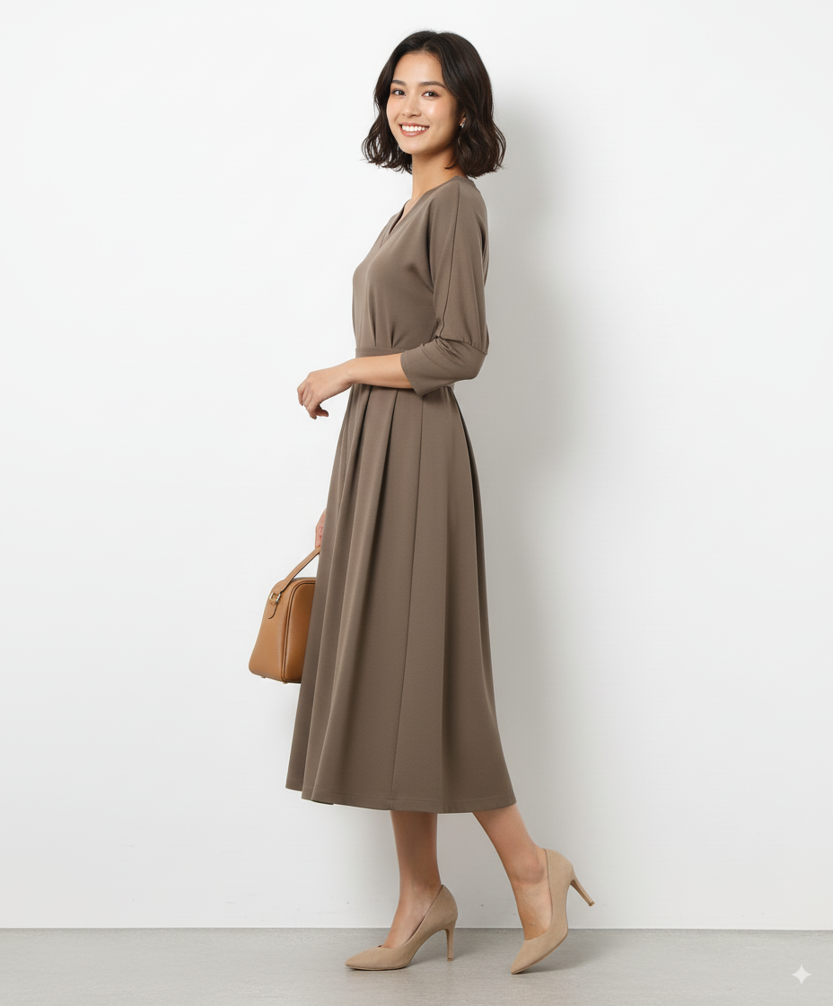 Etici Khaki Dress with Pleats and Pockets