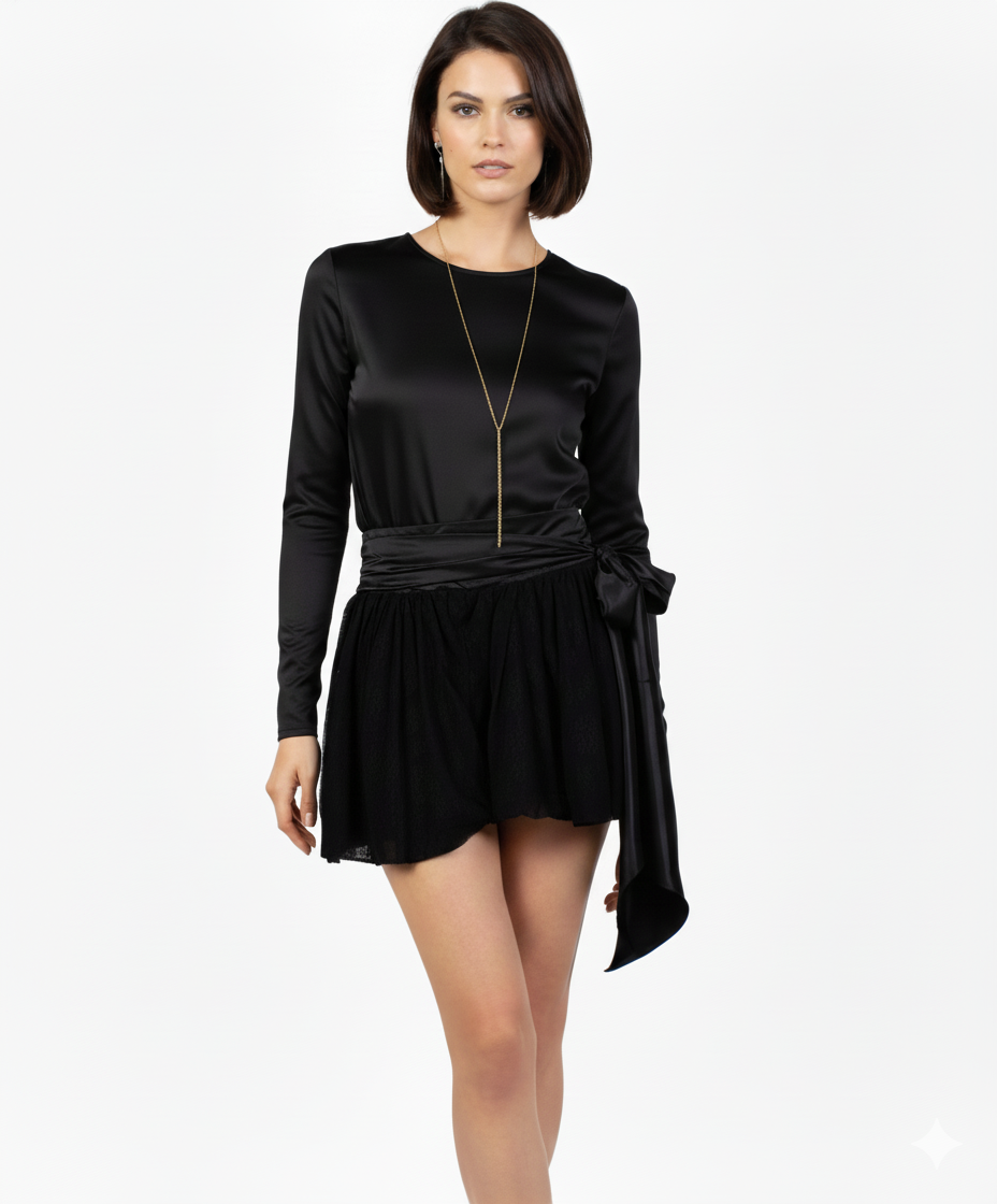 BST Mini Black Skirt with Lace and Satin Belt - Elegant and Modern