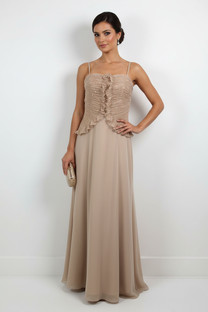 Carlo Pignatelli Μακρύ Βραδινό Φόρεμα Μπεζ με Σούρες & Τιράντες