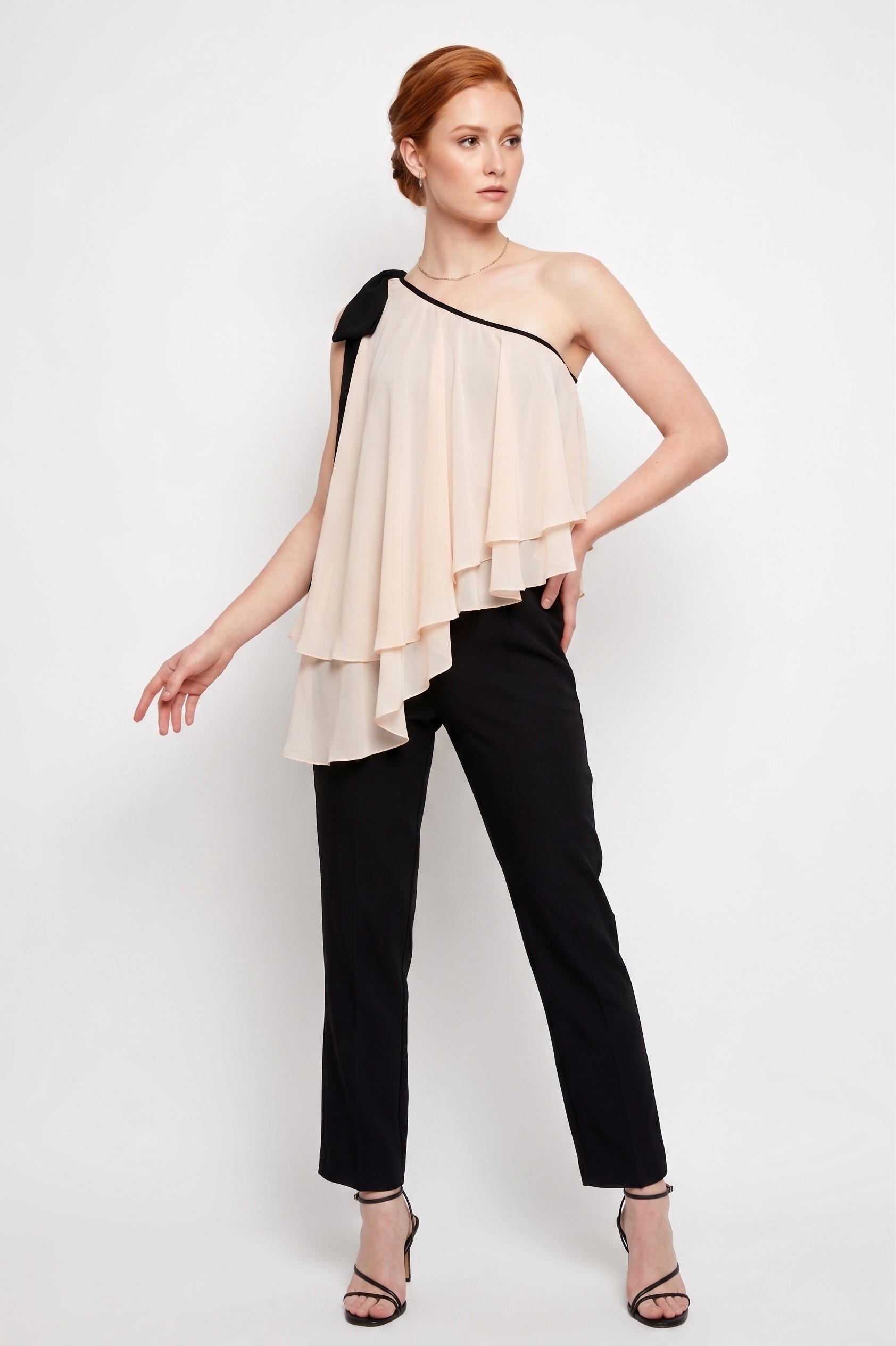 Anna Rachele Φόρμα Overalls Μαύρο Εκρού | One-Shoulder Chiffon Drape Jumpsuit Made in Italy
