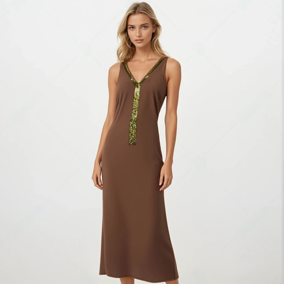 Marlys Φόρεμα Μακρύ Καφέ με Λαμπερή Λεπτομέρεια image 0