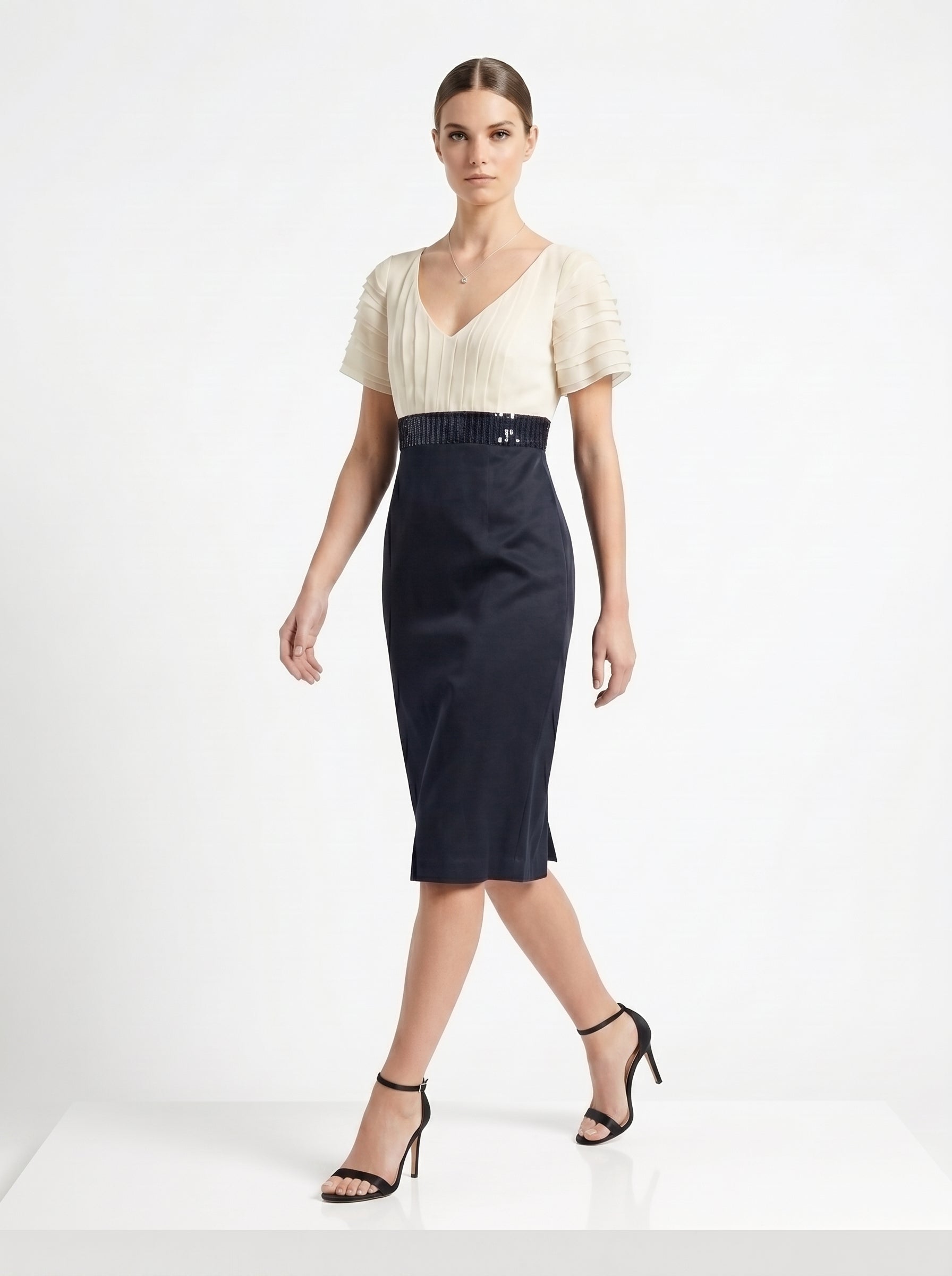 Carlo Pignatelli Cocktail Μεταξωτό Φόρεμα Two-Tone Pleated Μπούστο – Εκρού/Μαύρο | Made in Italy