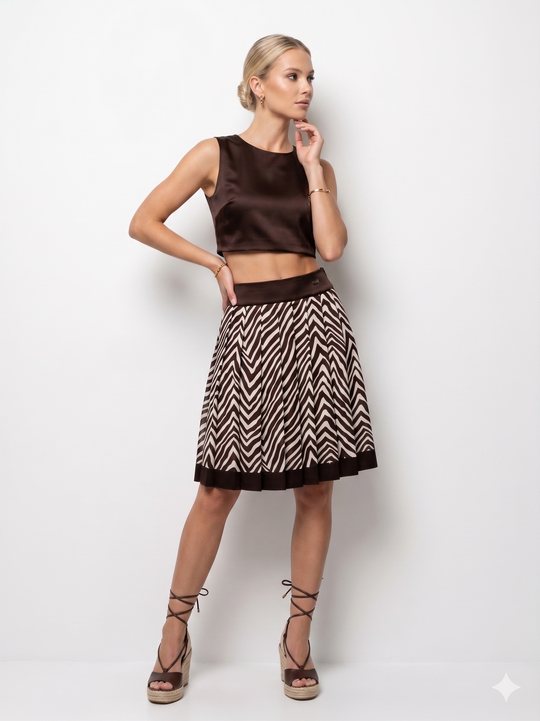 Marly's Italy Φούστα Zebra Print | Καφέ Λευκό Pleated A-Line Skirt Animal Print Made in Italy