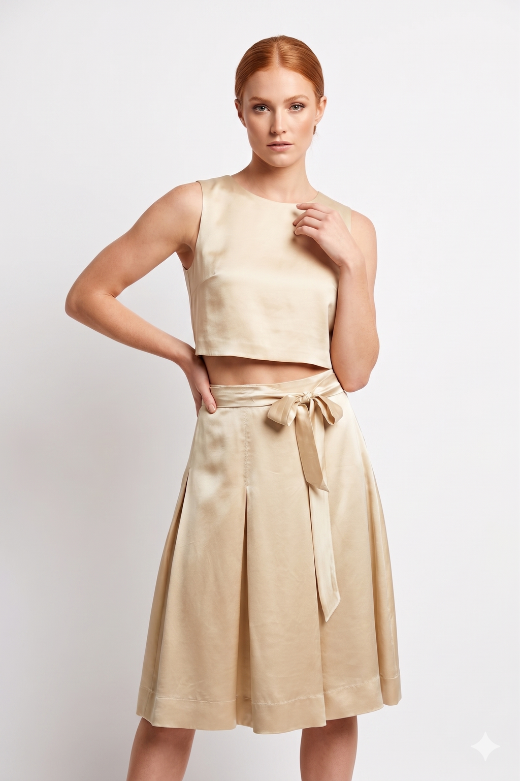 Anna Rachele Μεταξωτή Φούστα Χρυσή | Satin Bow-Belt A-Line Skirt Champagne Made in Italy
