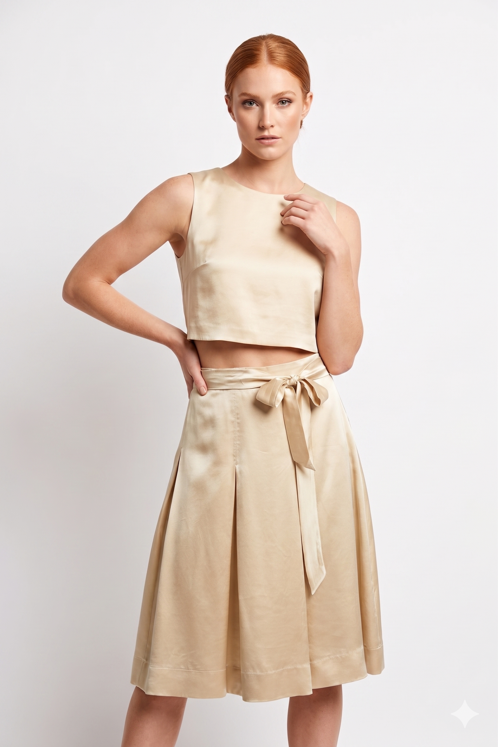 Anna Rachele Μεταξωτή Φούστα Χρυσή | Satin Bow-Belt A-Line Skirt Champagne Made in Italy