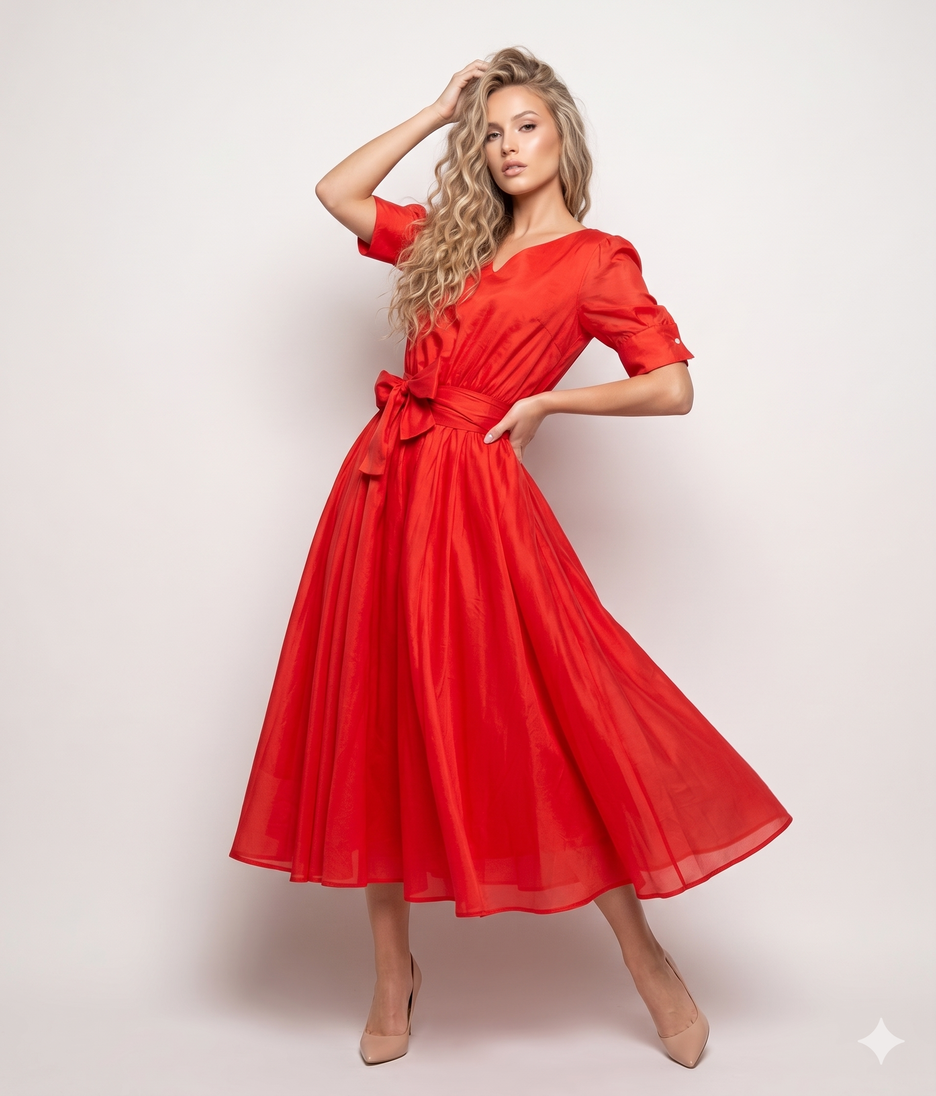 ETICI Pomegranate Long Cotton Dress with Belt and 3/4 Sleeves