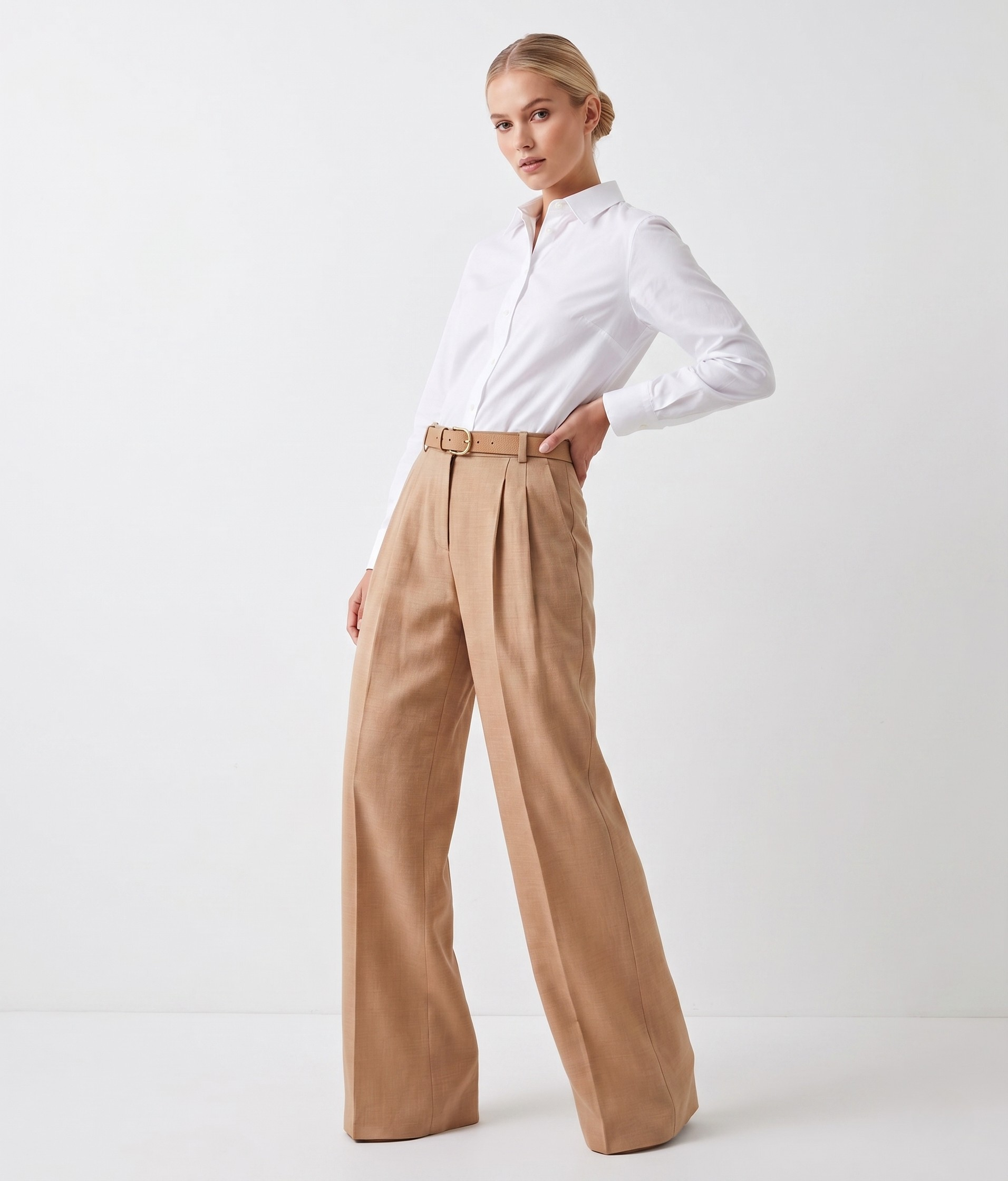 ETICI Camel High Waist Pleated Wide Leg Pants