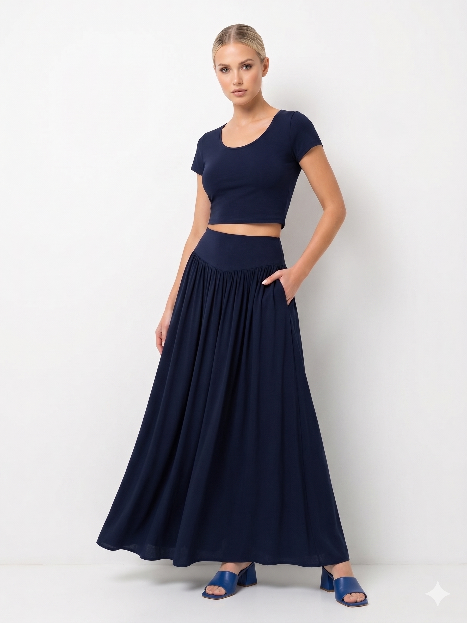 Anna Rachele Jeans Μακριά Φούστα Maxi | Gathered Ψηλόμεση Navy & Camel Made in Italy
