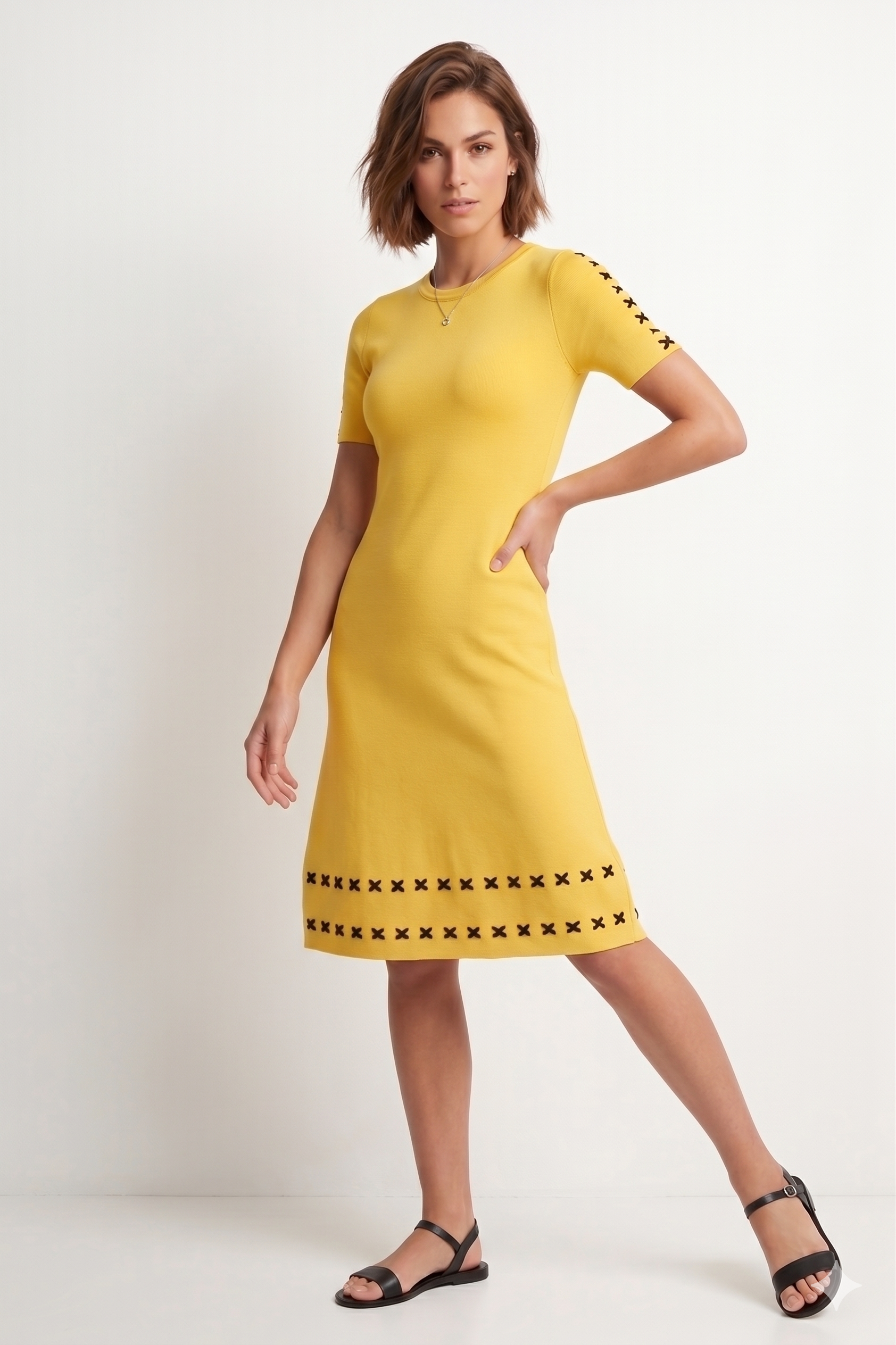 MyCatalove Κίτρινο Φόρεμα Knit | Lace-Up Μανίκι Cross Stitch Midi Dress Mustard