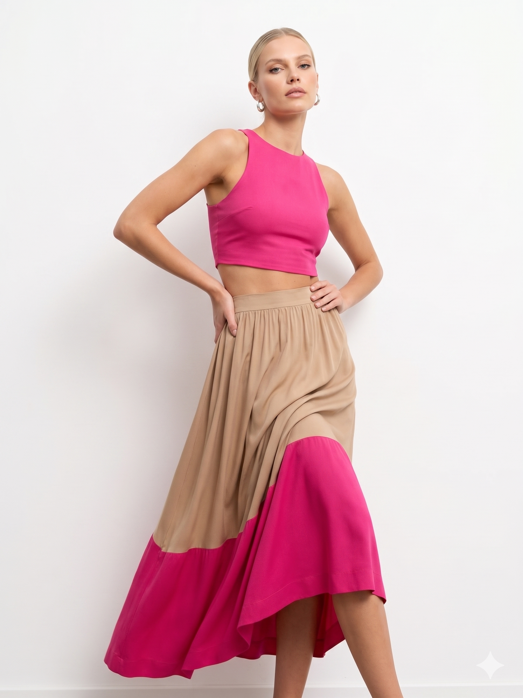 MyCatalove Maxi Φούστα Δίχρωμη | Εκρού Φούξια Color Block Gathered Καλοκαιρινή Φούστα