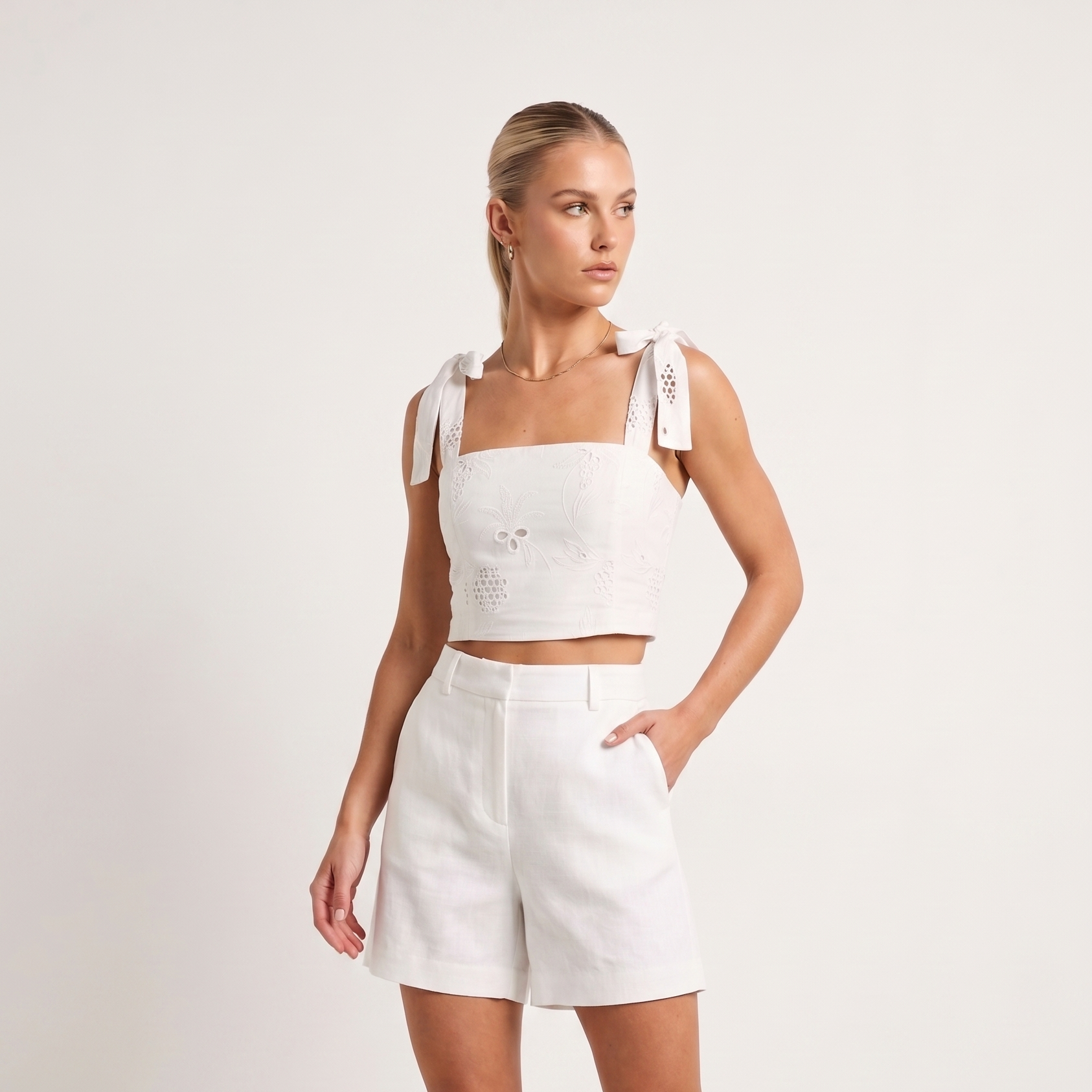 Caractere Women's White Crop Top with Lace &amp; Shoulder Ties