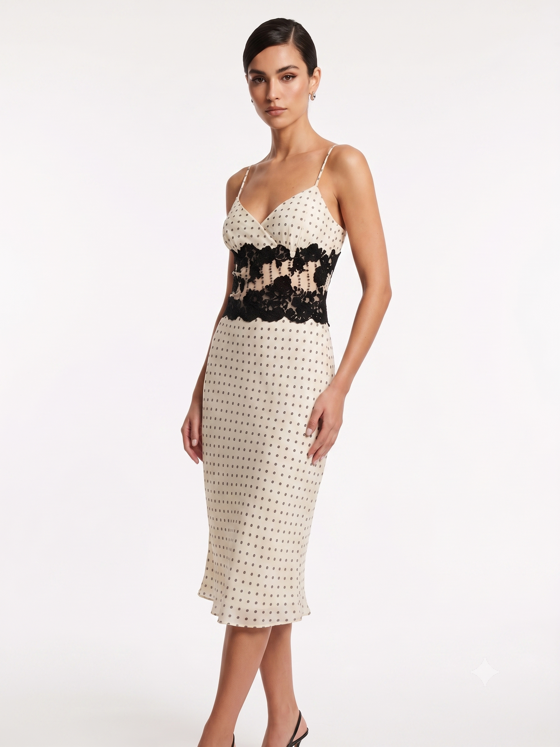 Marly's Midi Φόρεμα 100% Μετάξι Polka Dot με Μαύρη Δαντέλα – Λευκό | Made in Italy