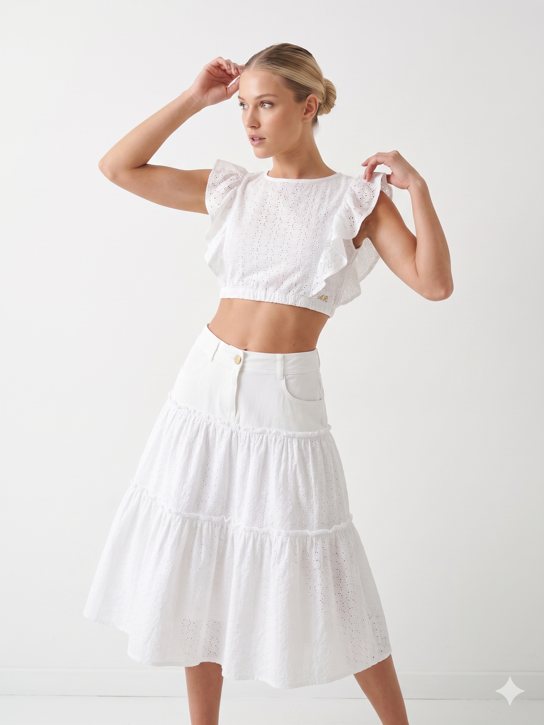 Anna Rachele Jeans Λευκή Φούστα Βαμβακερή | Tiered Lace Broderie Anglaise Made in Italy