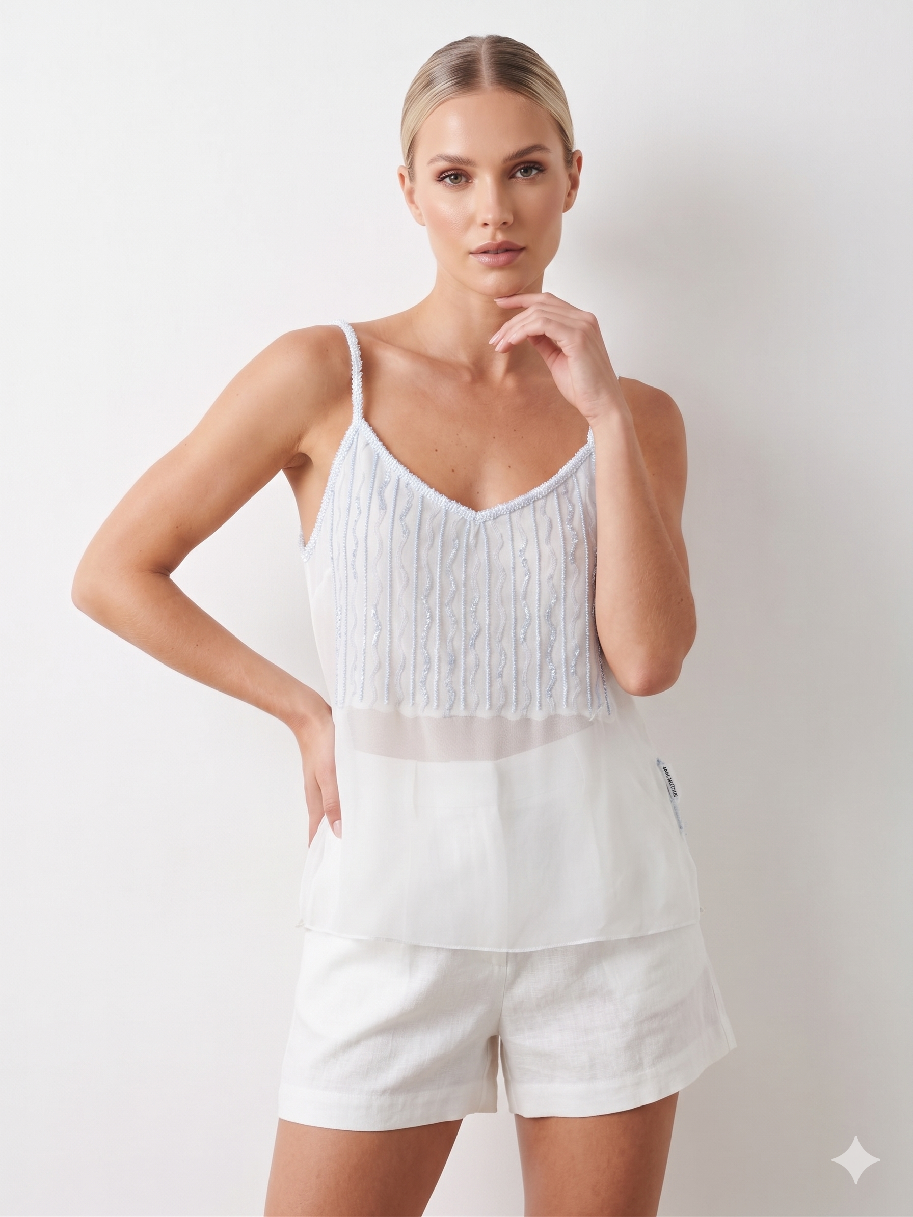 Anna Rachele Top Λευκό Γαλάζιο | Chiffon Spaghetti Straps Beaded Embroidery Made in Italy