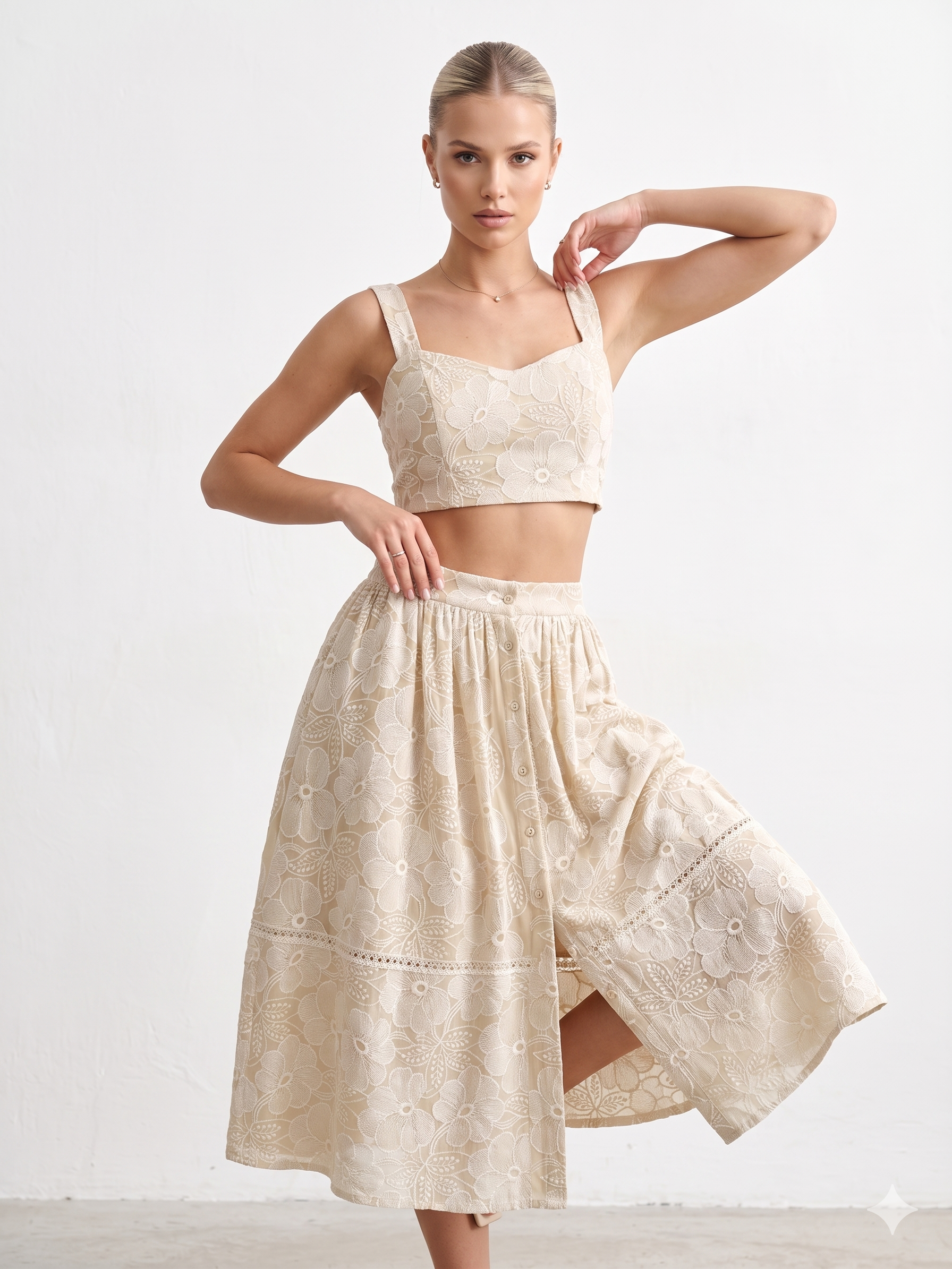 Anna Rachele Resort Φούστα Εκρού | Floral Embroidery Lace Midi Βαμβακερή Made in Italy