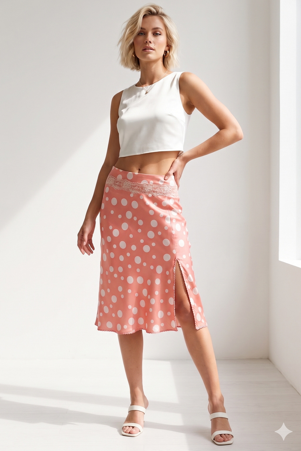 Anna Rachele Μεταξωτή Φούστα Ροζ Polka Dot | 100% Silk Δαντέλα Midi Made in Italy