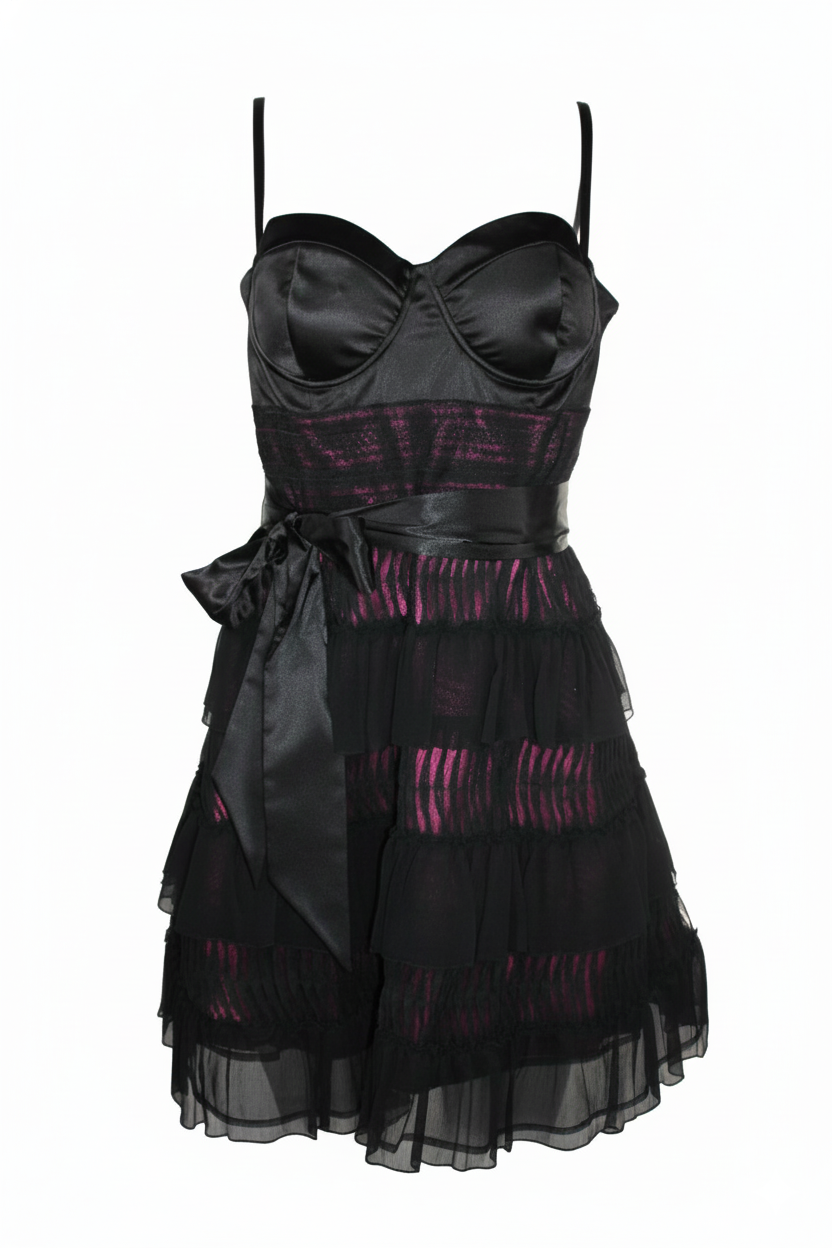 Carlo Pignatelli Γυναικείο Μαύρο Satin Κοντό Βραδινό Τιραντάκι Φόρεμα με Φούξια Φόδρα