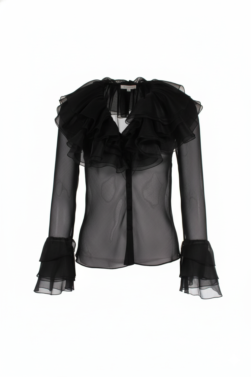 Carlo Pignatelli Γυναικείο Διάφανο Μαύρο Μεταξωτό Πουκάμισο με Βολάν