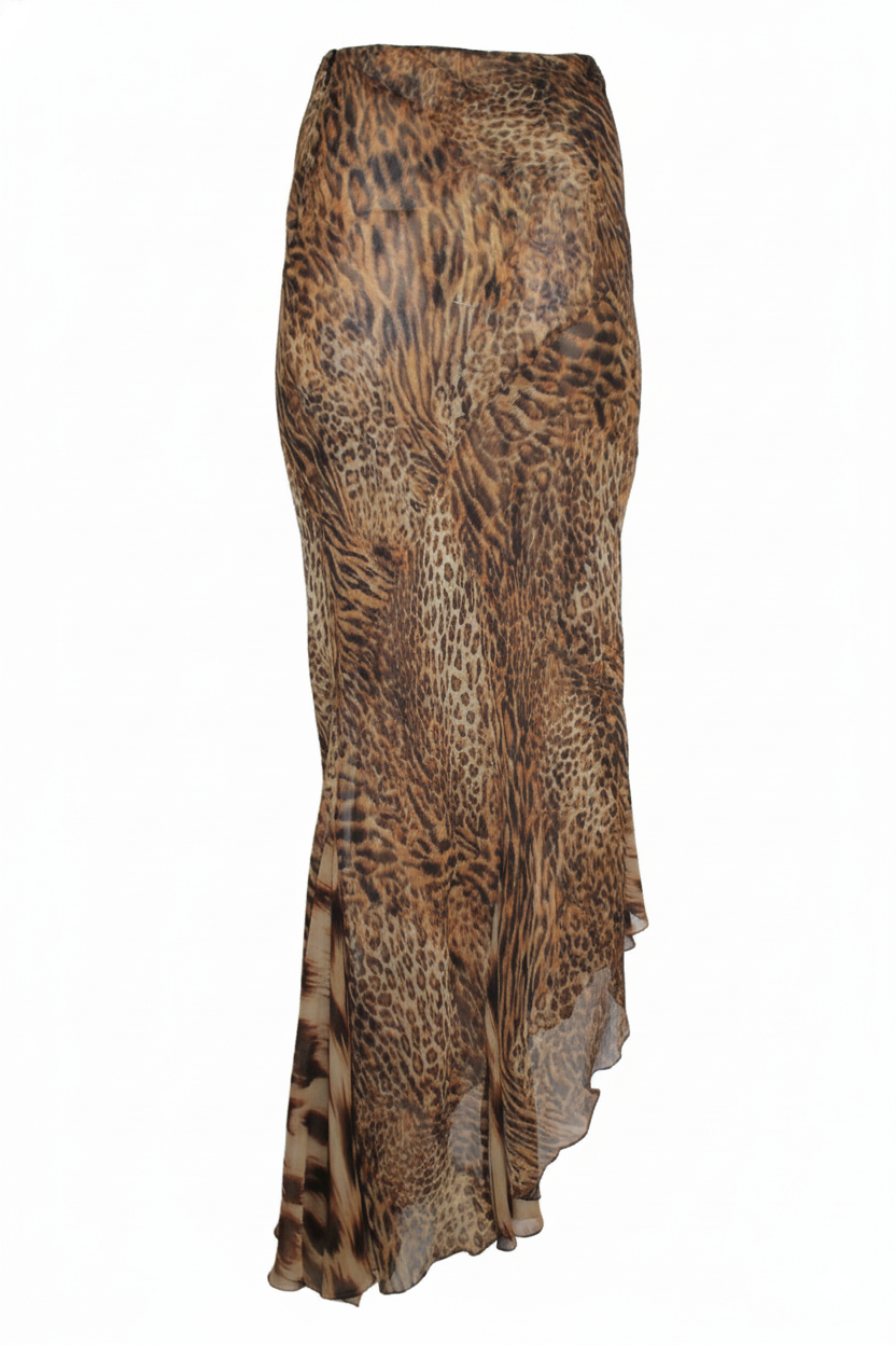 Clips Γυναικεία Μεταξωτή Animal Print Ασύμμετρη Μακριά Φούστα