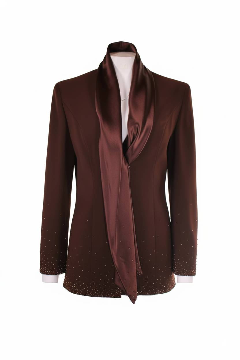Marco Ferretti Γυναικείο Καφέ Βραδινό Σακάκι με Σατέν Γιακά και κέντημα στο κάτω μέρος