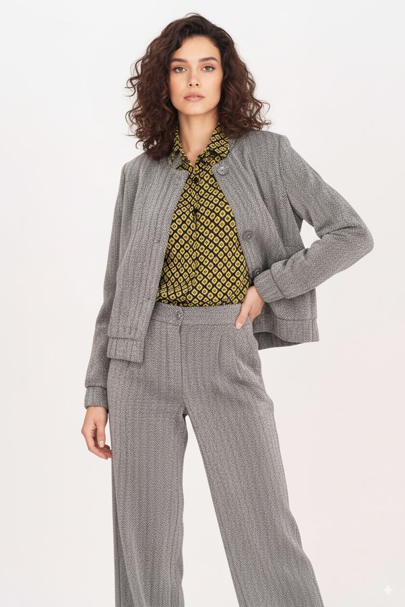Fusioni Grey Herringbone Design Blazer – Classic and Elegant