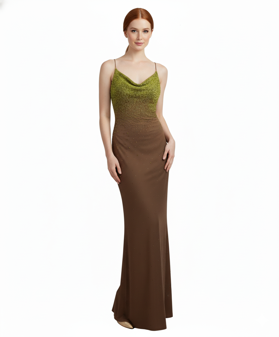 Marlys Φόρεμα Μακρύ Καφέ Κεντημένο με Πέτρες