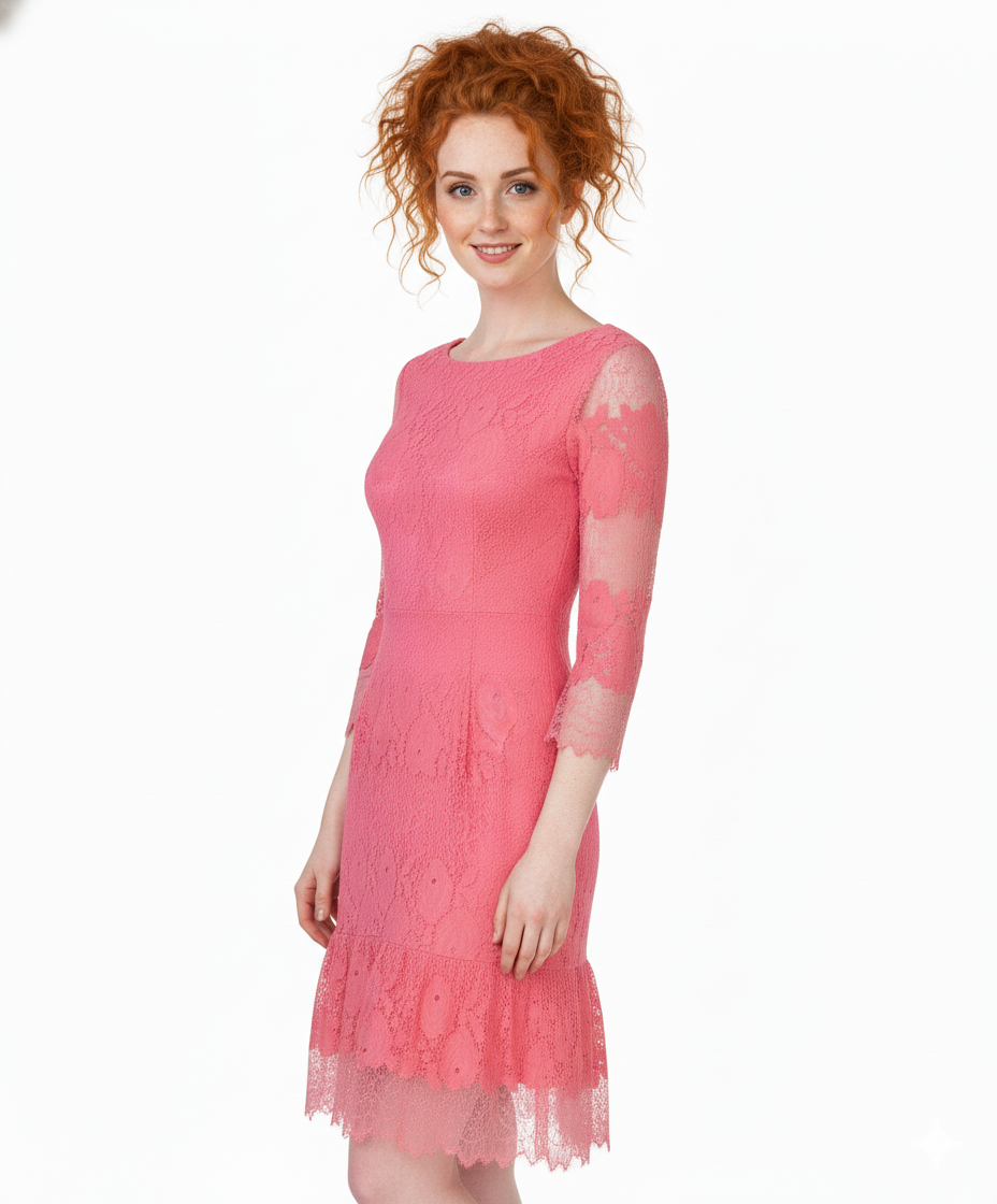 Anna Rachele Ροζ Δαντελένιο Midi Φόρεμα με Μανίκι 3/4