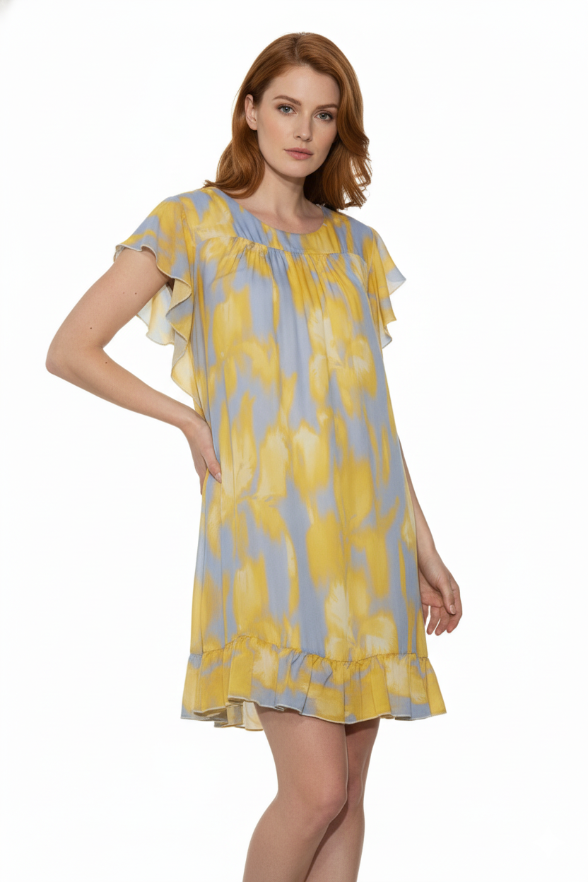 ETICI Φόρεμα Γυναικείο Κοντό Κίτρινο με Βολάν