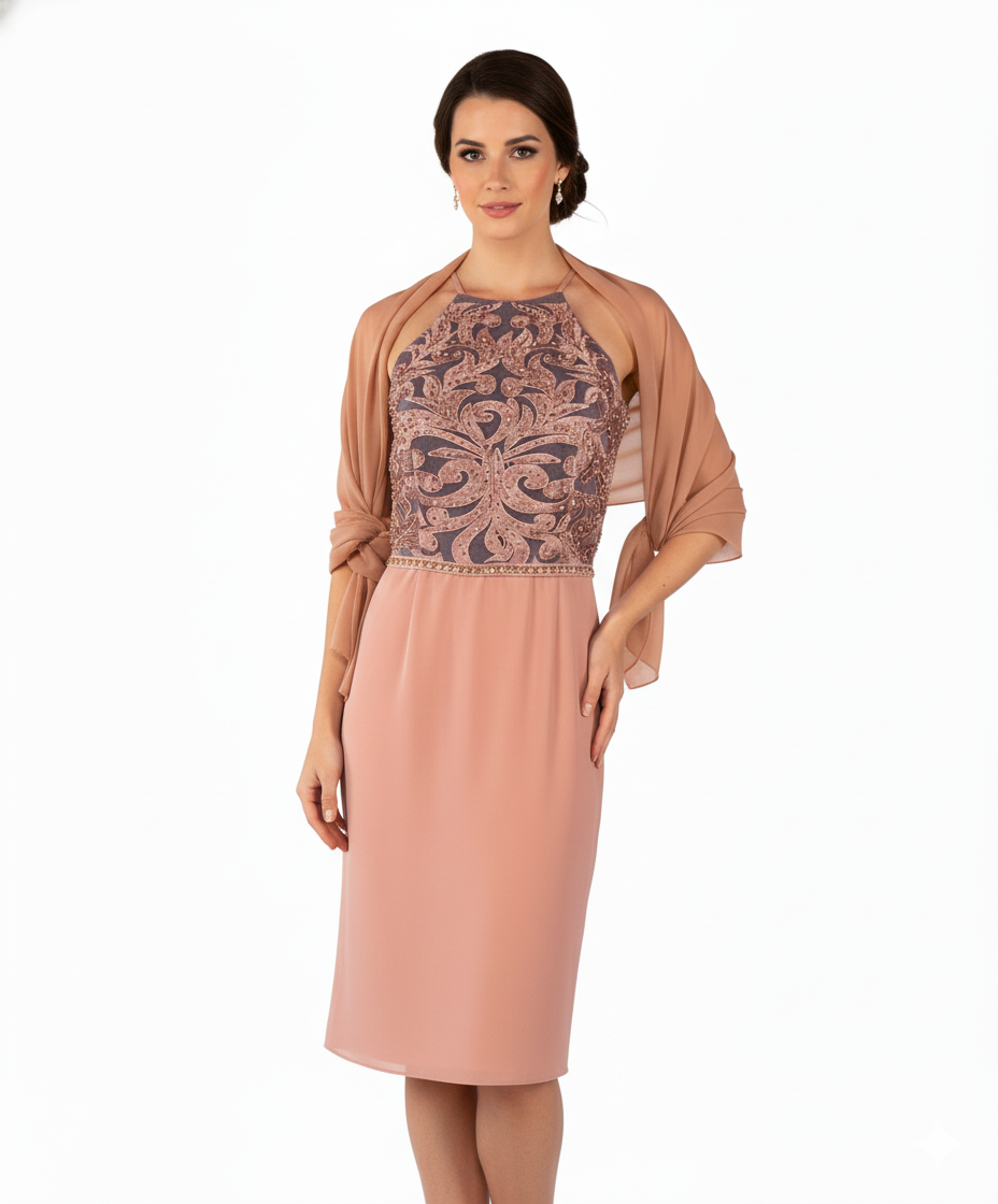 SOLOGIOIE Ροζ Σομόν Βραδινό Φόρεμα με Κεντητό Μπούστο