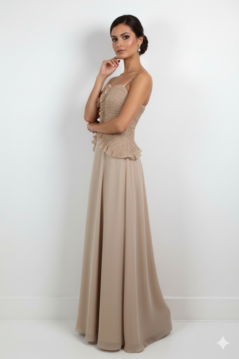 Carlo Pignatelli Μακρύ Βραδινό Φόρεμα Μπεζ με Σούρες & Τιράντες