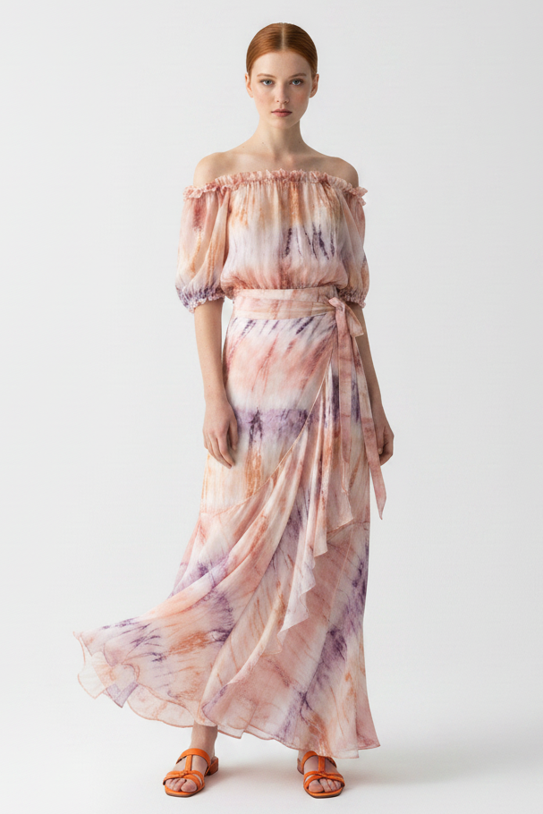 IRous Printed Long Skirt with Tie Belt
