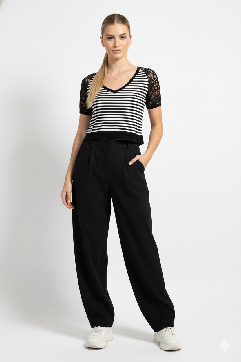 Anna Rachele Black Label Tunic Μπλούζα Ριγέ | Μαύρη Δαντέλα Μανίκι V-Neck