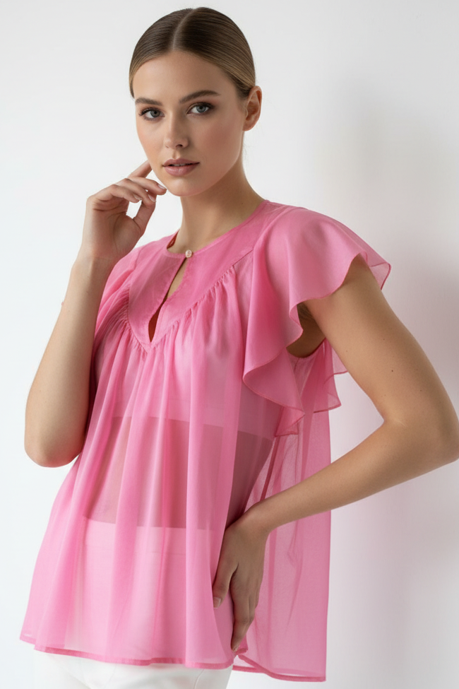 Kartika Μπλούζα Ροζ Βαμβακερή | Flutter Sleeve Keyhole 100% Cotton Blouse