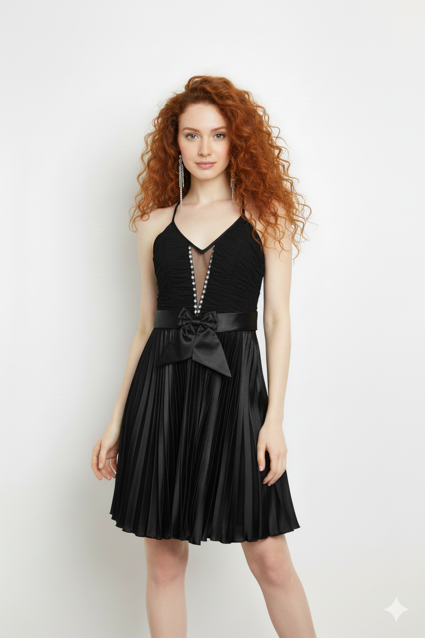 Ferretti Γυναικείο Μαύρο Βραδινό Φόρεμα με Σατέν Φιόγκο