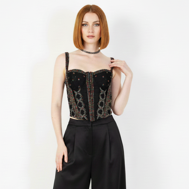 Rachele Γυναικείο Μαύρο Βραδινό Μπούστο με Κεντημένες Πέτρες