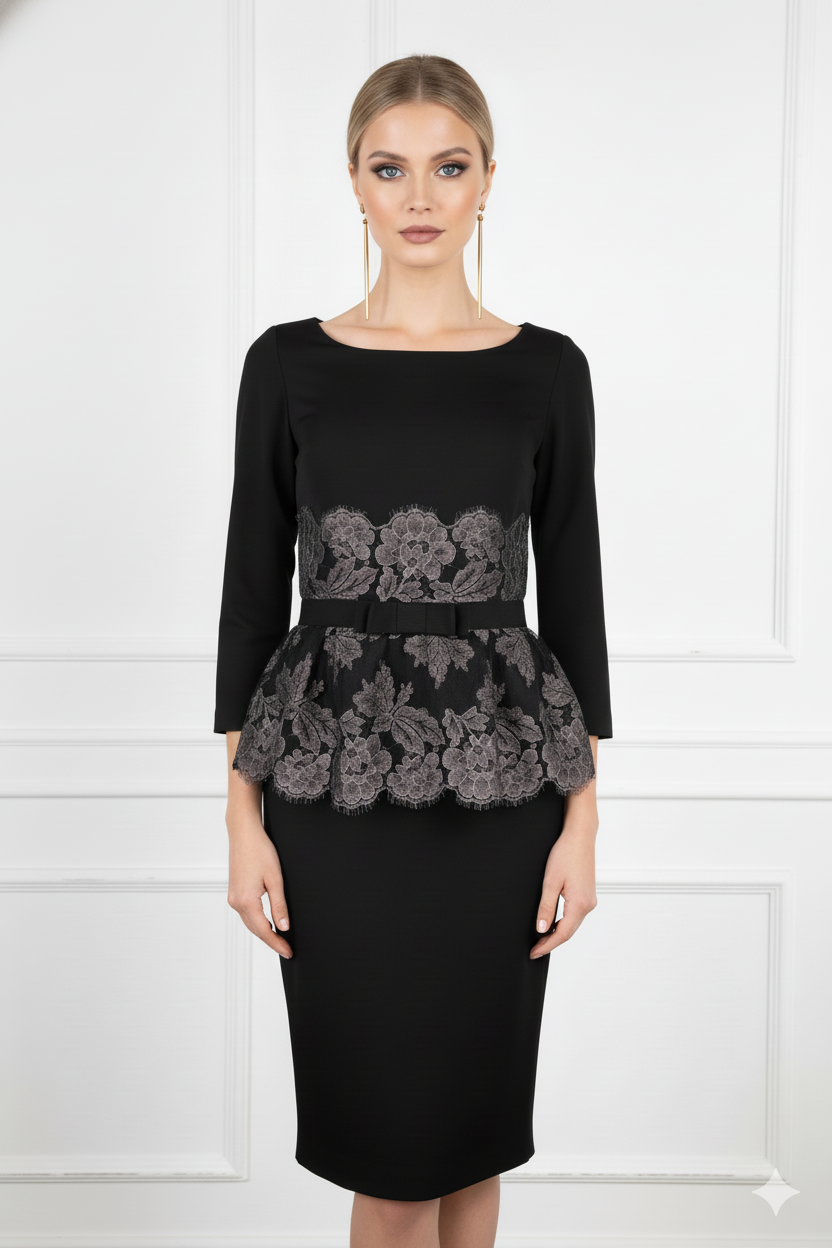 Guy Mattiolo Γυναικείο Μαύρο Βραδινό Φόρεμα με Μεταξωτή Δαντέλα και Φιόγκο στη Μέση