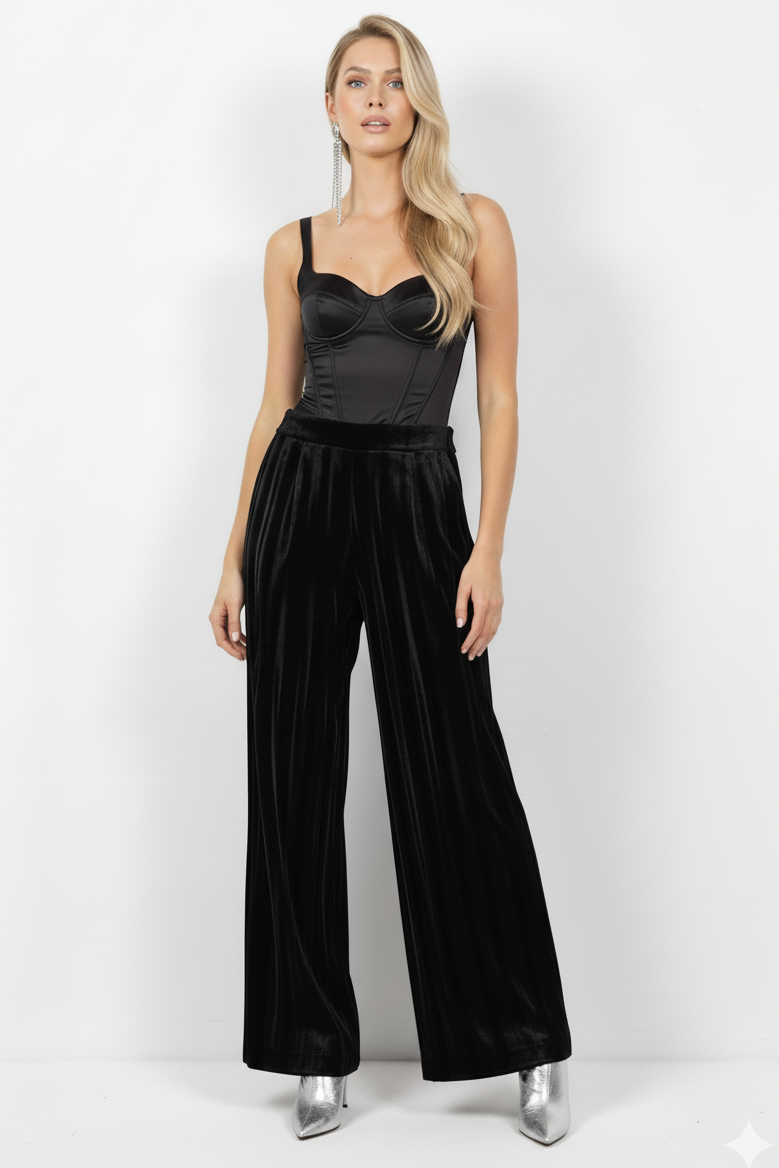 Caractere Γυναικείο Βελούδινο Ριγέ Βραδινό Μαύρο Παντελόνι