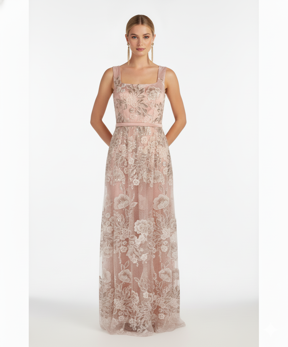 Opale Βραδινό Φόρεμα Μπεζ με Δαντέλα