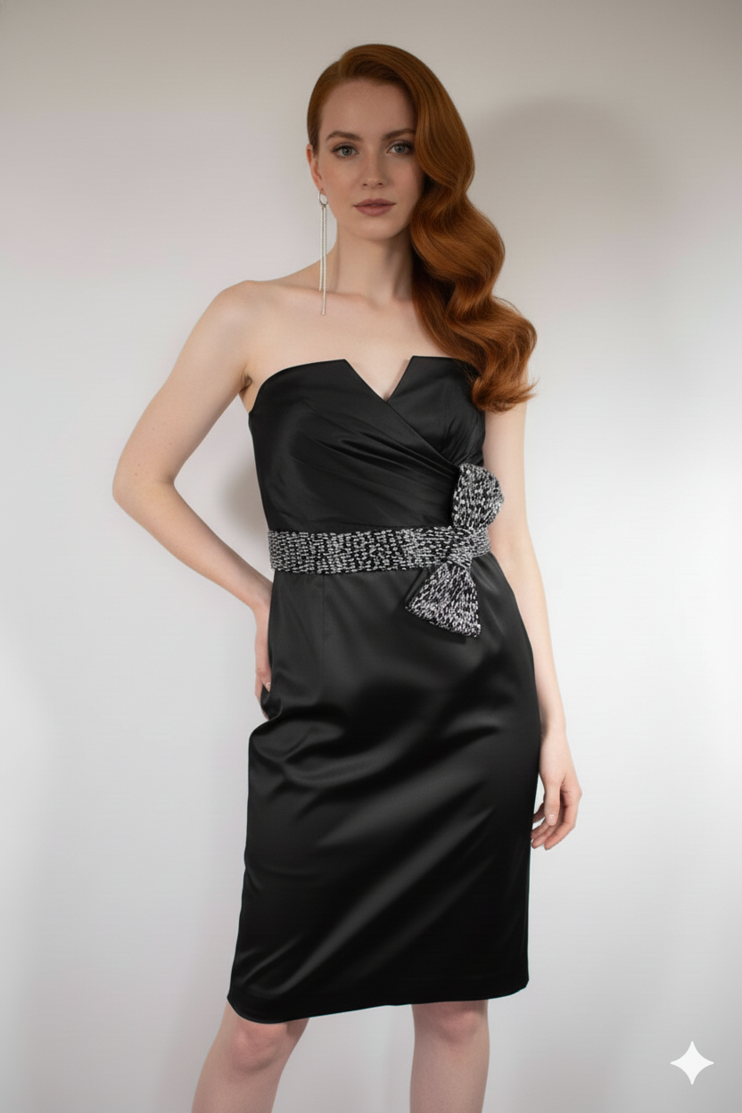 Carlo Pignatelli Γυναικείο Μαύρο Strapless Βραδινό Φόρεμα με Φιόγκο Κεντημένο