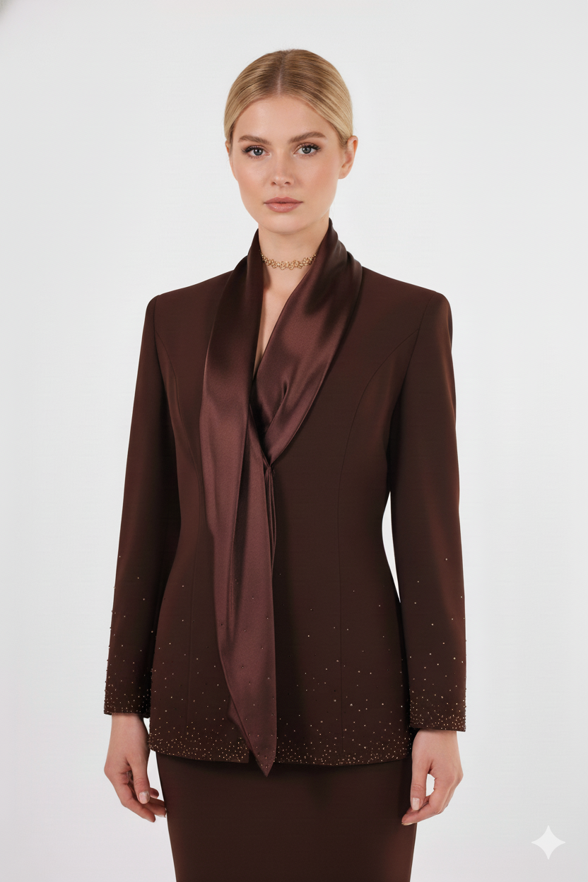 Marco Ferretti Γυναικείο Καφέ Βραδινό Σακάκι με Σατέν Γιακά και κέντημα στο κάτω μέρος