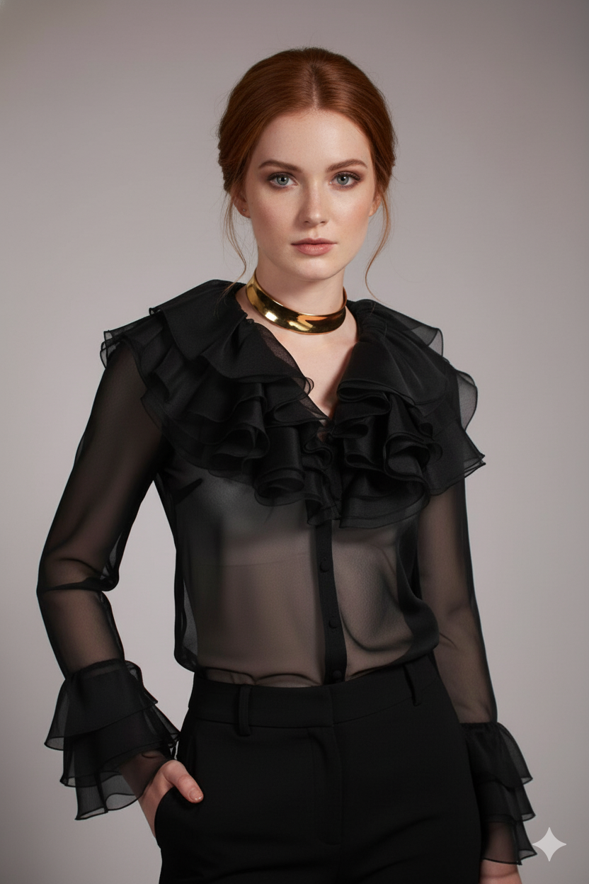 Carlo Pignatelli Γυναικείο Διάφανο Μαύρο Μεταξωτό Πουκάμισο με Βολάν