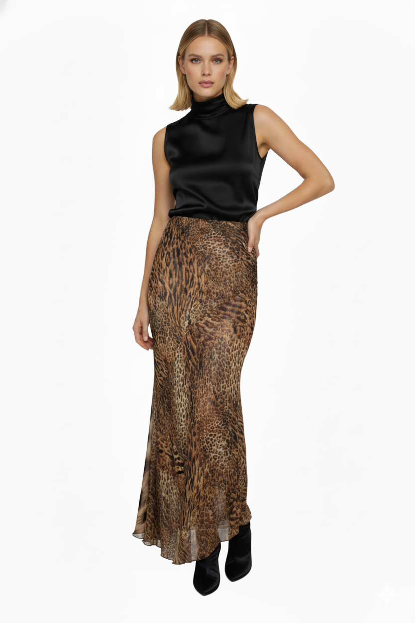 Clips Γυναικεία Μεταξωτή Animal Print Ασύμμετρη Μακριά Φούστα
