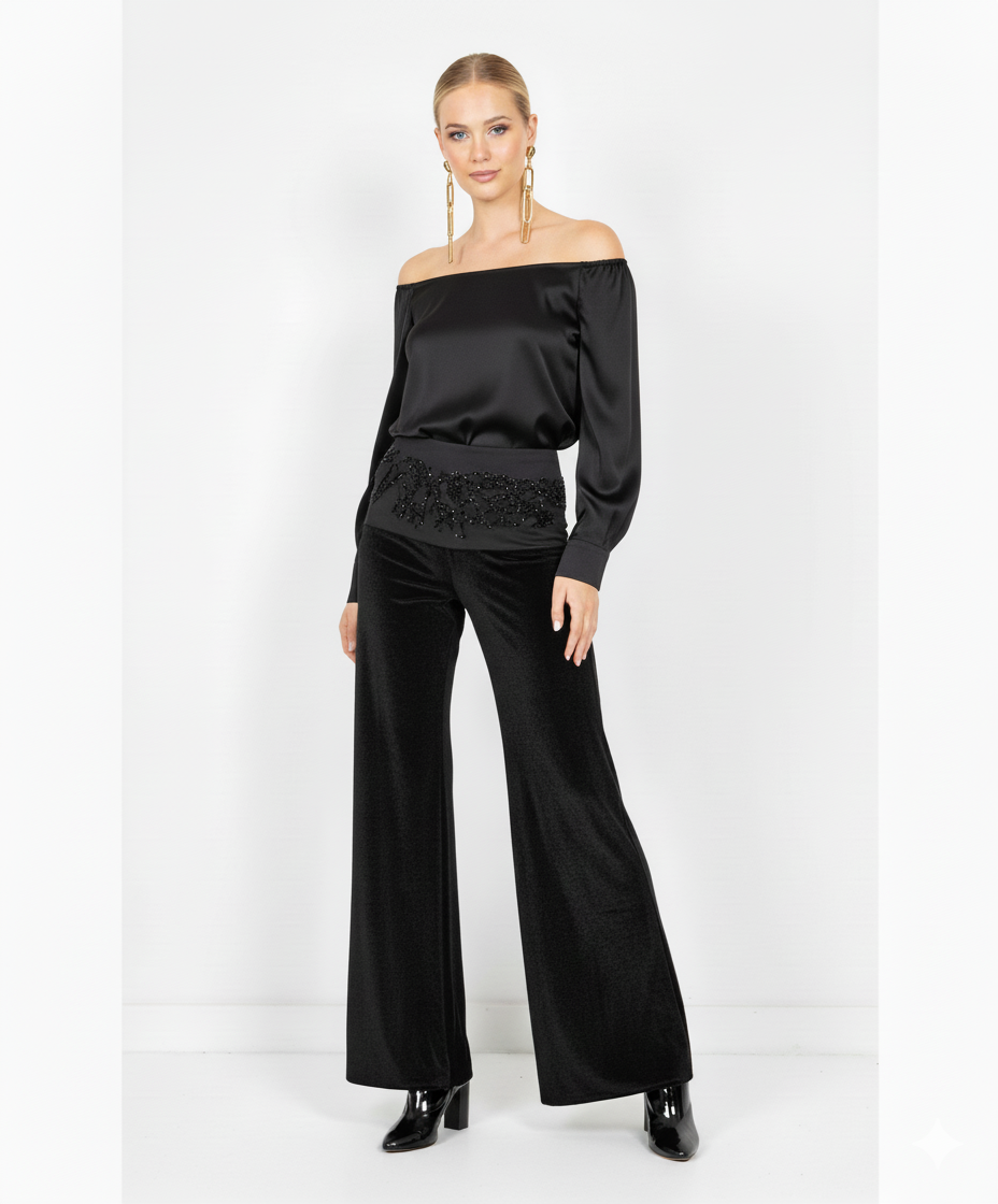 Ferreti Velvet Pants with Embroidered Peplum