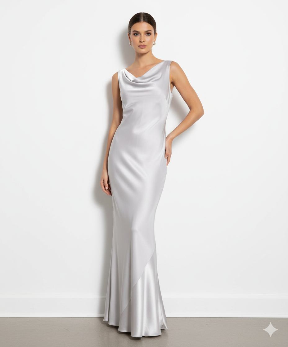 Carlo Pignatelli Silver Long Evening Dress with Draped Neckline