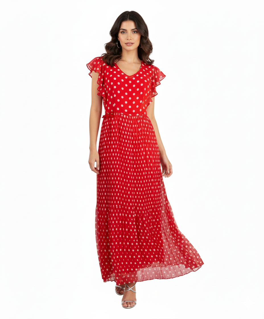 Giulia Valli Long Red Polka Dot Dress with Ruffles