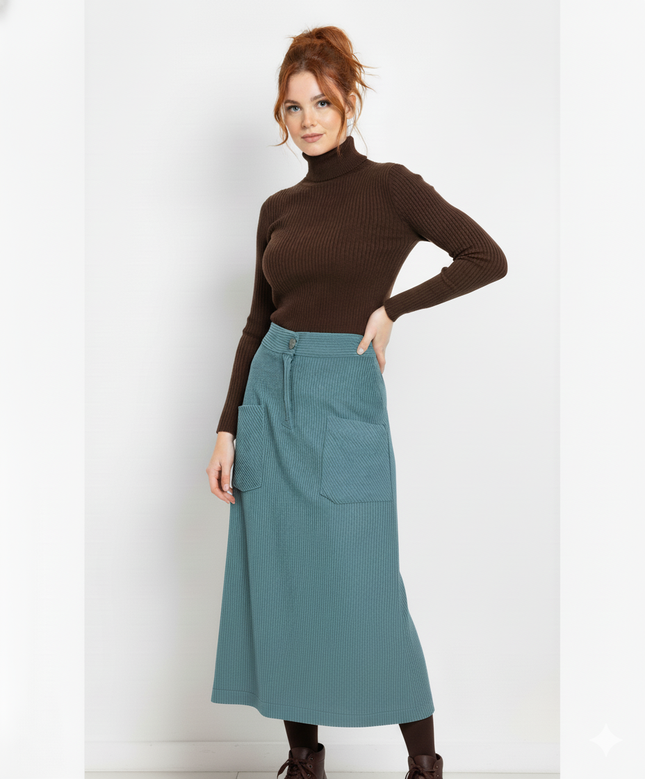 ETICI Women's Petrol Midi Cotton Skirt