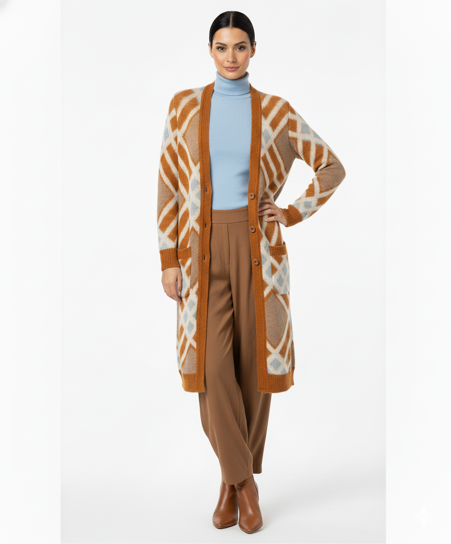 Etici Women's Wool Brown Long Cardigan Coat